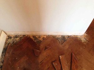 Repair edge of herringbone parquet wood floor
